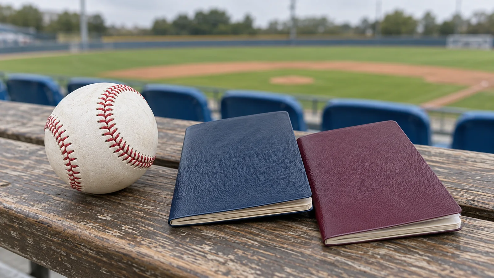 A baseball beside two closed travel document booklets at an illustrative baseball ground