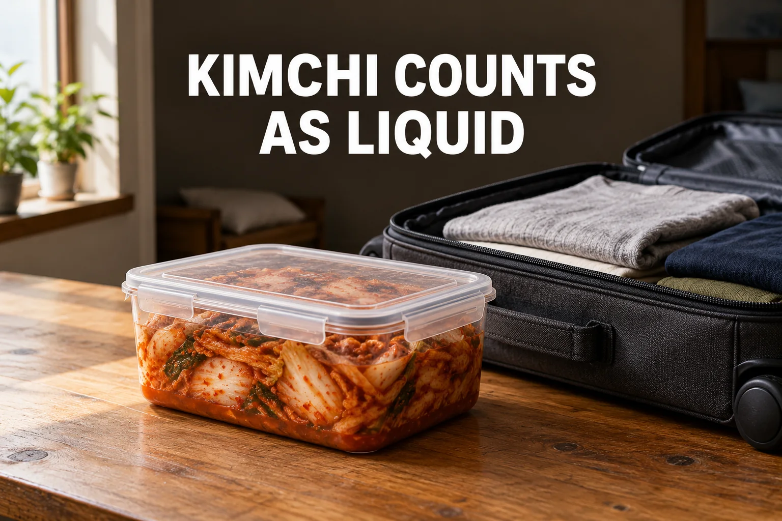 A closed container of cabbage kimchi beside an open suitcase, with the editorial text KIMCHI COUNTS AS LIQUID.
