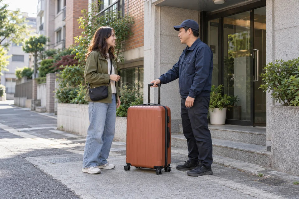 Traveler meeting a luggage courier beside a rolling suitcase outside a small apartment building