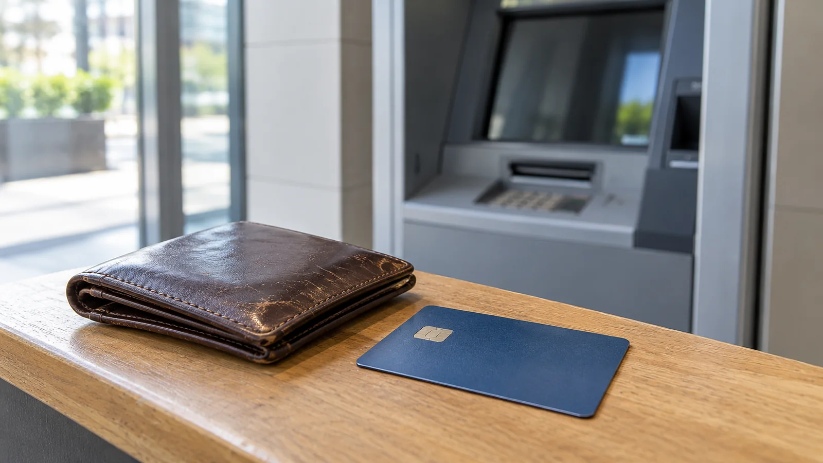 A plain chip bank card and a worn leather wallet in front of a softly blurred generic cash machine