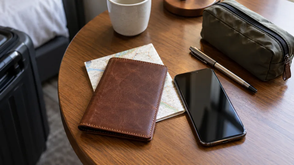 Travel documents and a phone ready for an airport arrival.