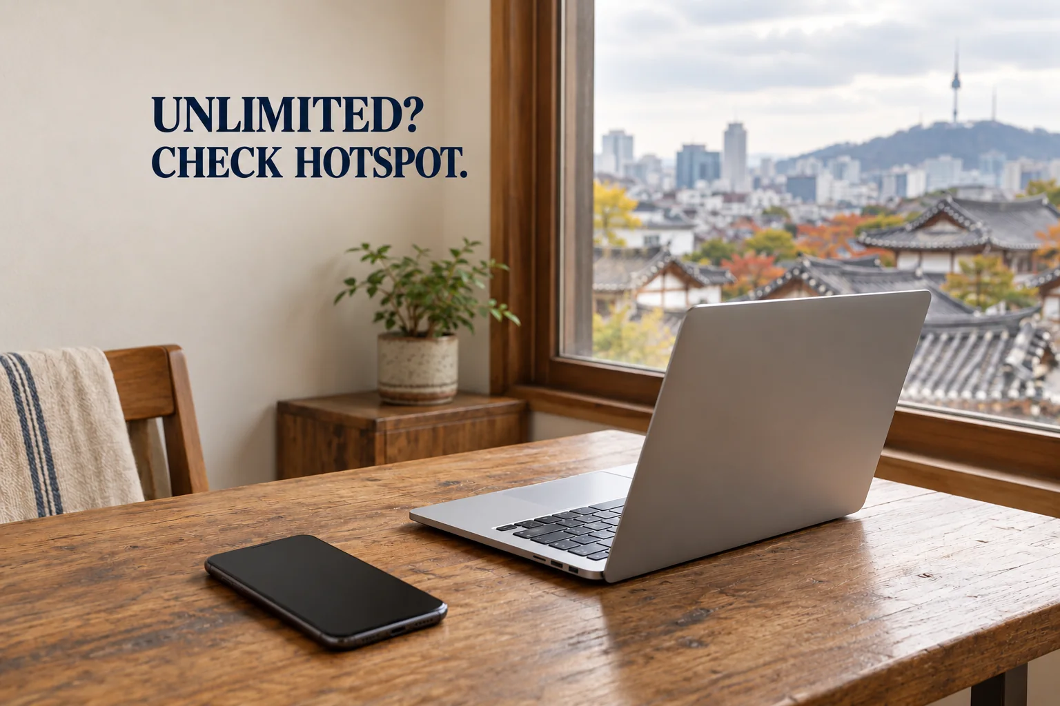A smartphone with a dark screen beside a laptop in an imagined Korean guesthouse, with the editorial reminder UNLIMITED? CHECK HOTSPOT.