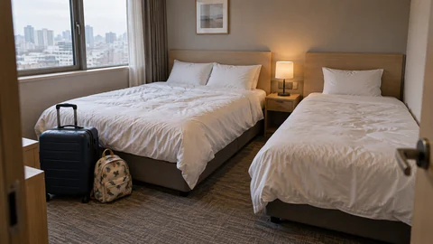 Two differently sized beds and family luggage in a naturally lit hotel room