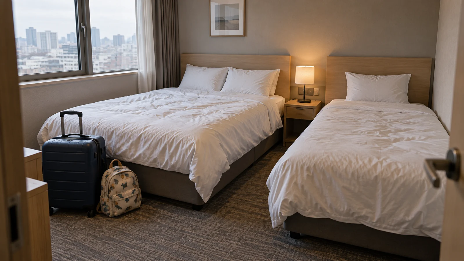 Two differently sized beds and family luggage in a naturally lit hotel room
