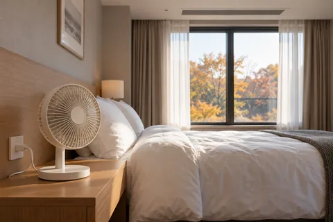 A small fan beside a hotel bed, with a ceiling air vent and autumn trees outside a closed window