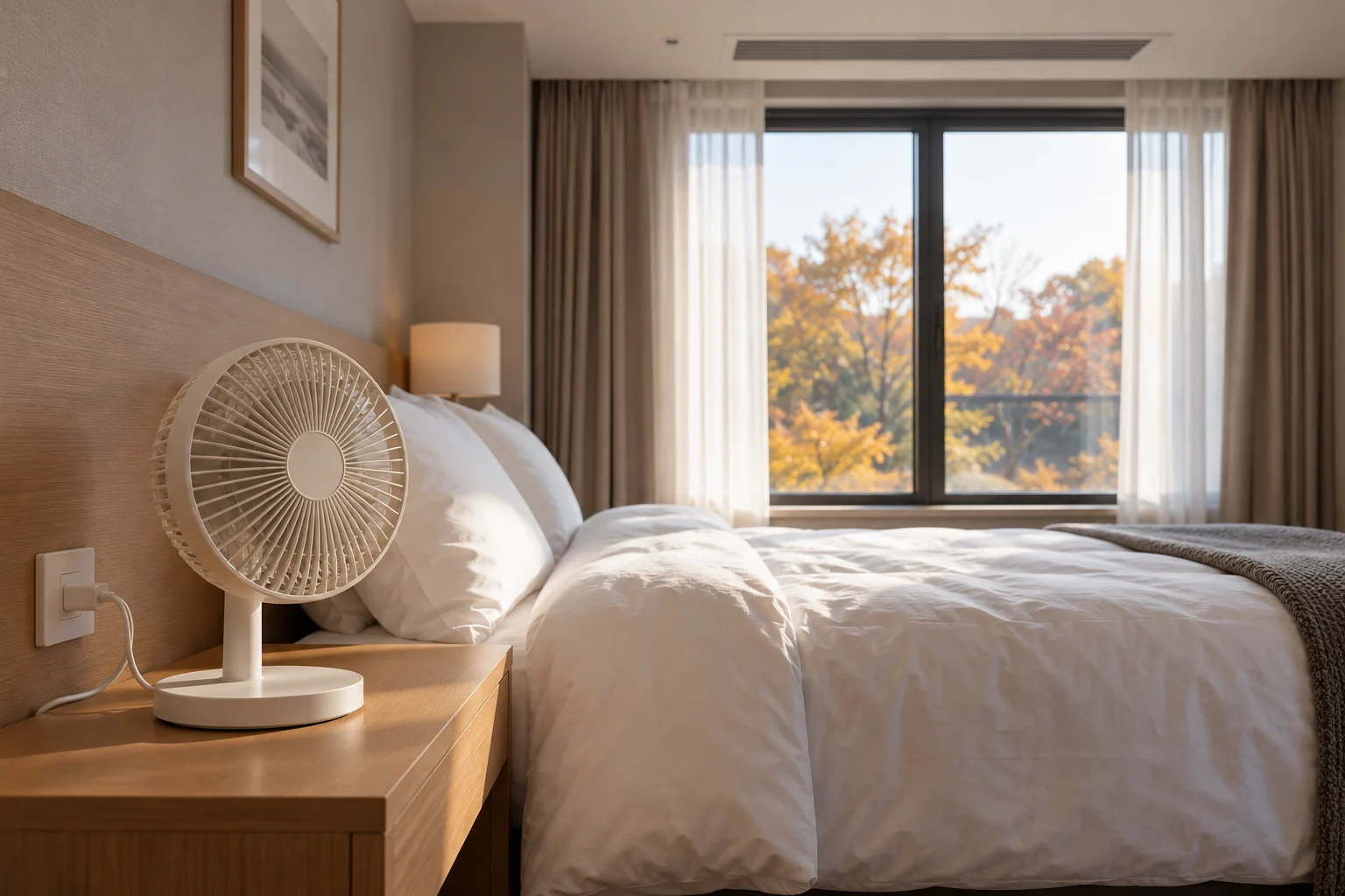A small fan beside a hotel bed, with a ceiling air vent and autumn trees outside a closed window