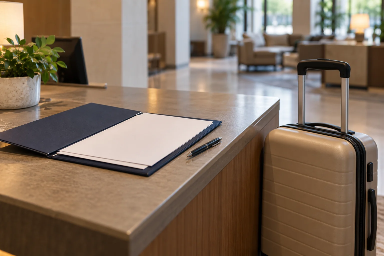 An open navy document folder with blank paper and a pen beside a carry-on suitcase at a hotel desk