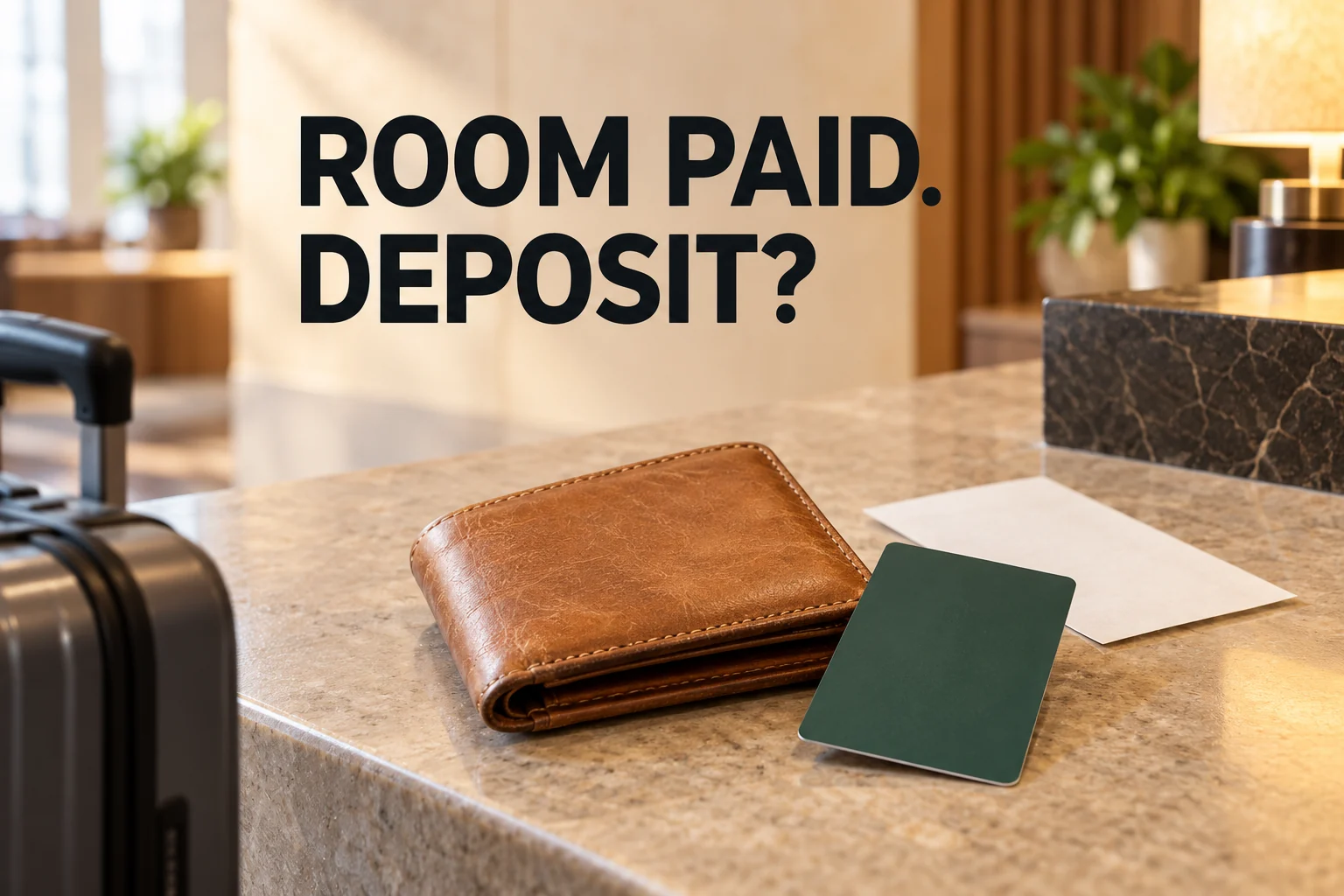 Wallet and plain room key on a hotel counter with the editorial question ROOM PAID. DEPOSIT?