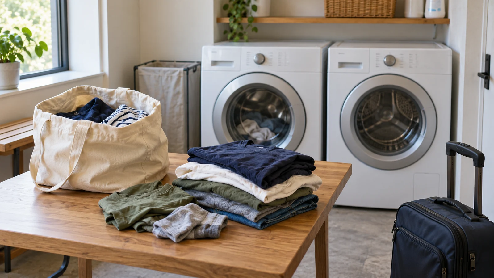 Travel clothes, a canvas laundry tote and a small suitcase beside two front-loading laundry machines