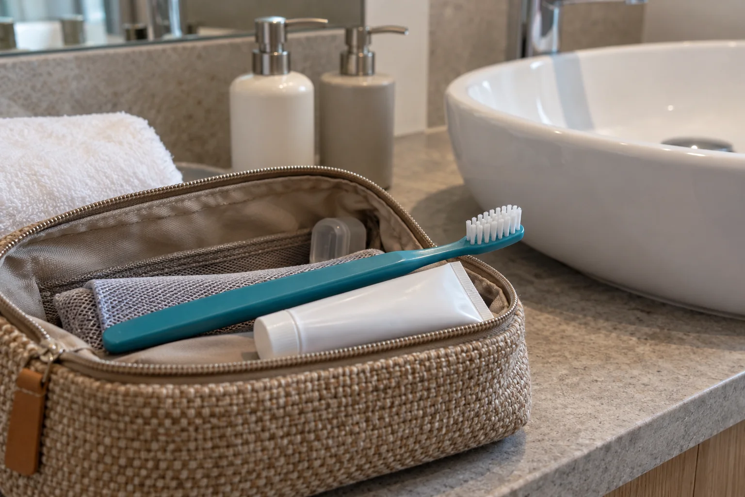 A toothbrush and small toothpaste tube in a travel pouch beside a hotel washbasin and refillable pump bottles
