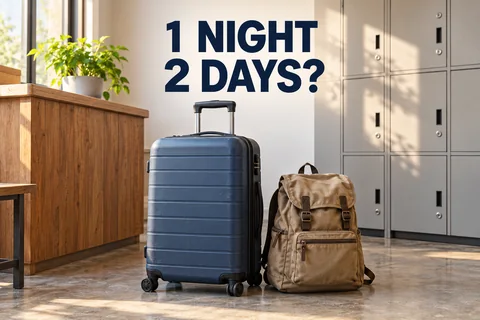 A suitcase and backpack beside storage cupboards with the editorial question 1 NIGHT, 2 DAYS?