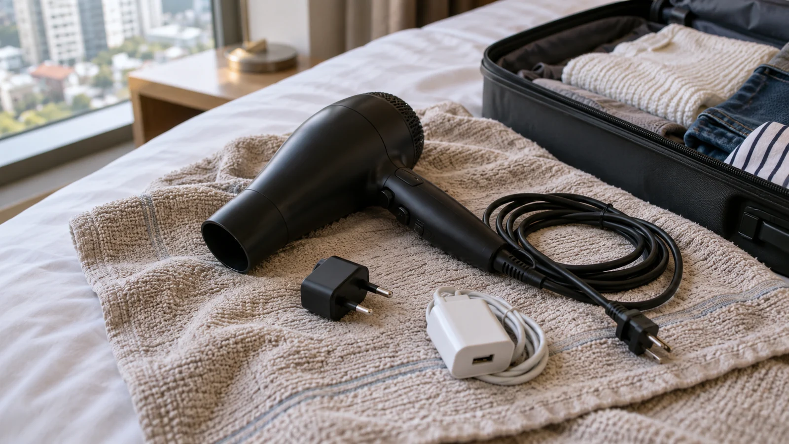 A hair dryer, separate round-pin travel adapter and charger beside an open suitcase.