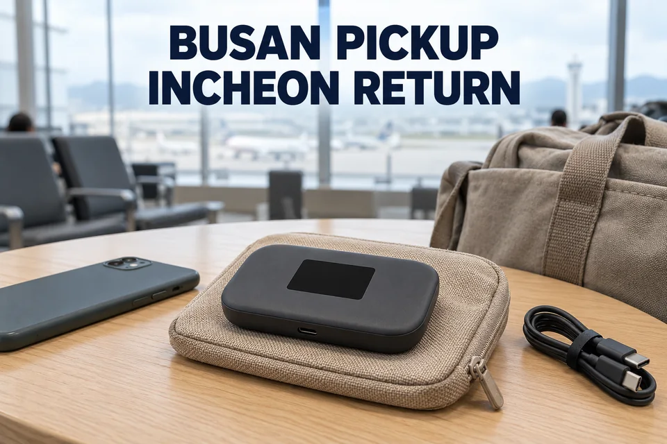 A portable Wi-Fi router, pouch and cable on a travel table, with the editorial text BUSAN PICKUP, INCHEON RETURN.