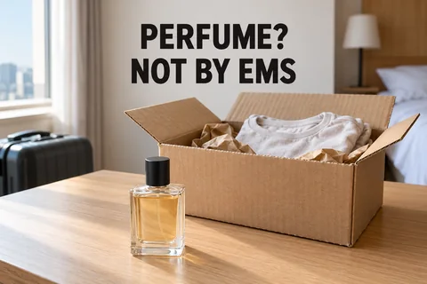 An unbranded perfume bottle outside an open packing box, with the reminder PERFUME? NOT BY EMS