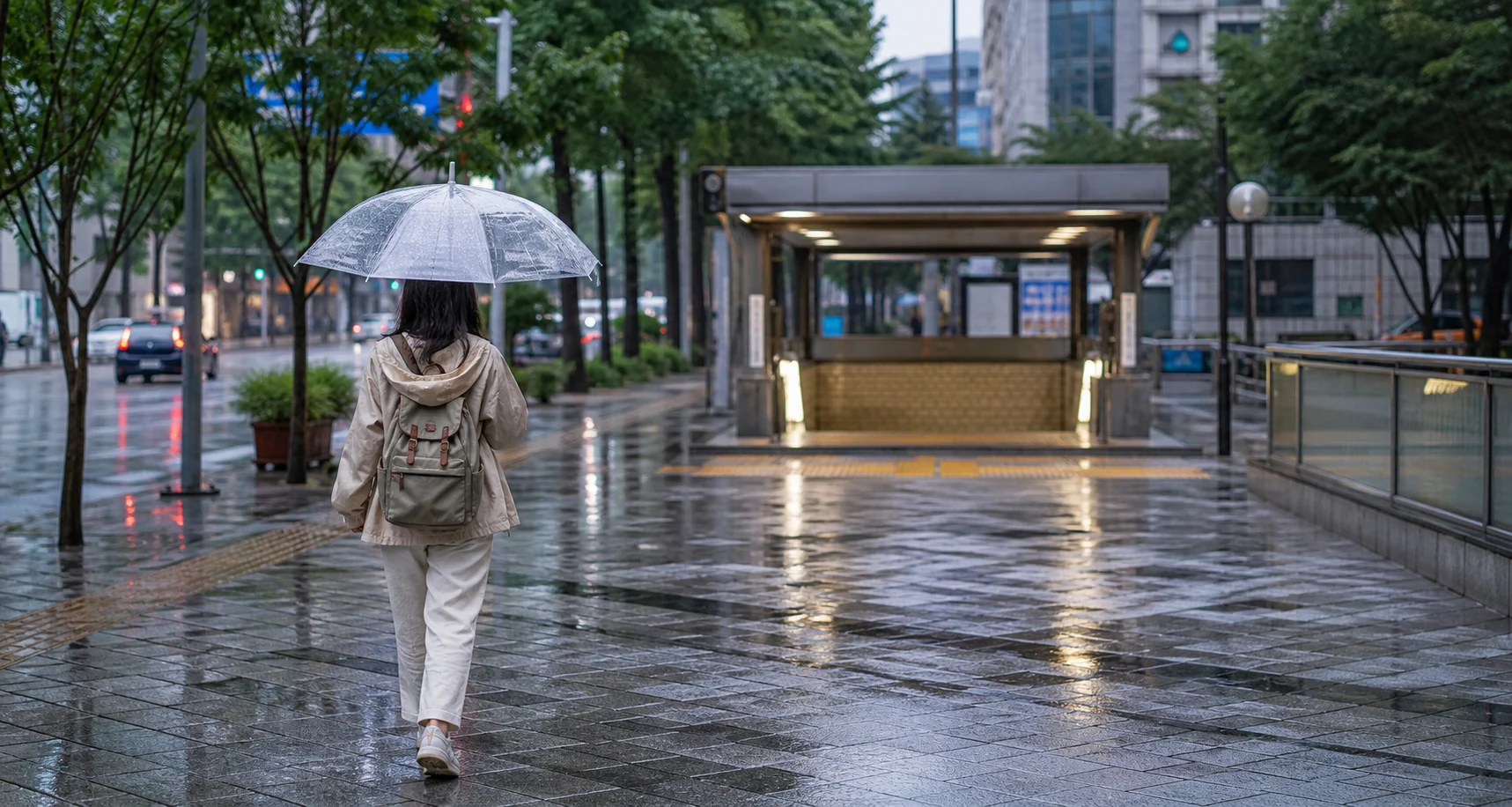 Traveler walking toward a Seoul subway entrance with a clear umbrella on a rainy day