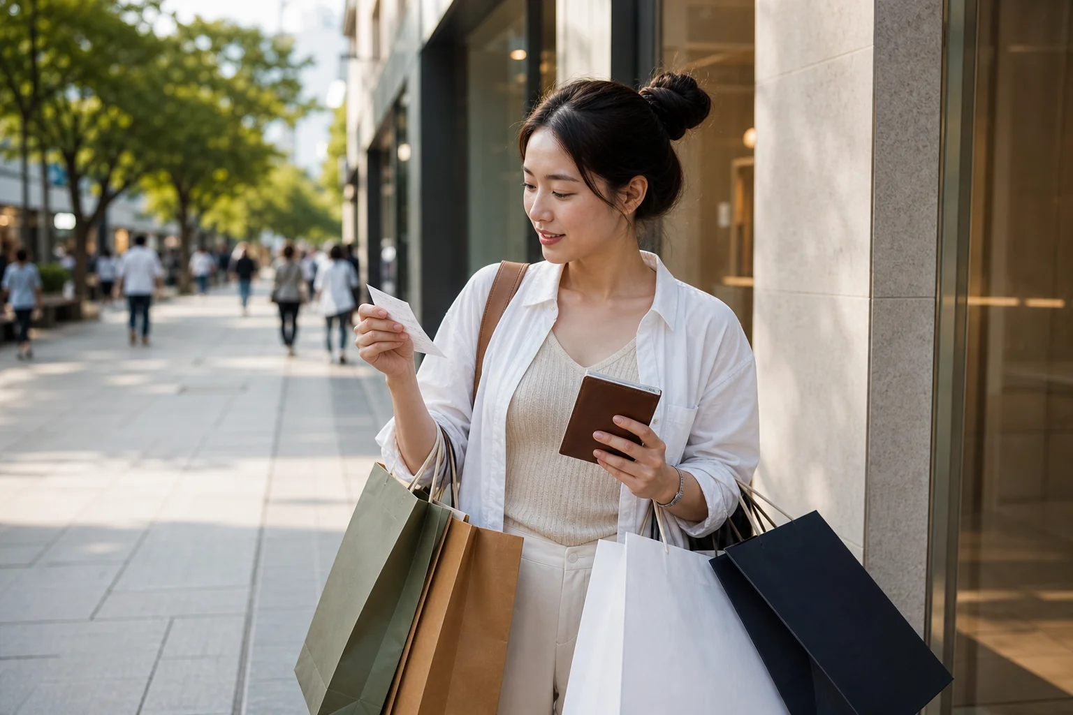 Traveler checking a receipt while shopping in Seoul