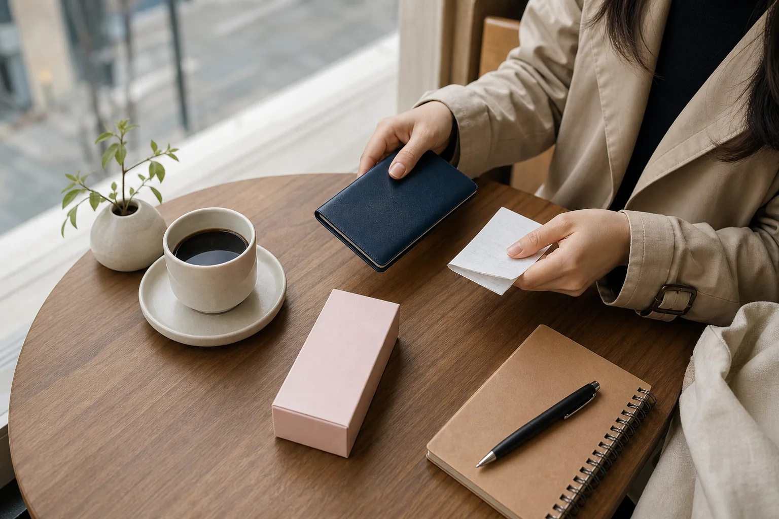 Traveler organizing a passport wallet, receipt, and unopened purchase before shopping