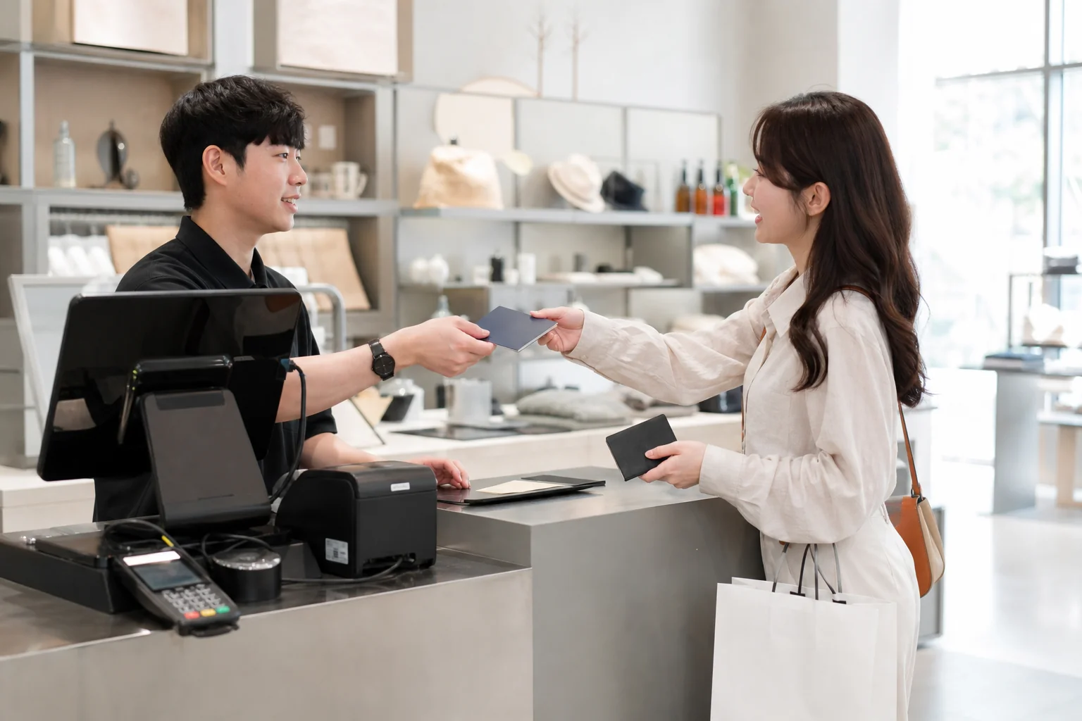 Traveler presenting a passport at a Korean store checkout for an immediate tax refund
