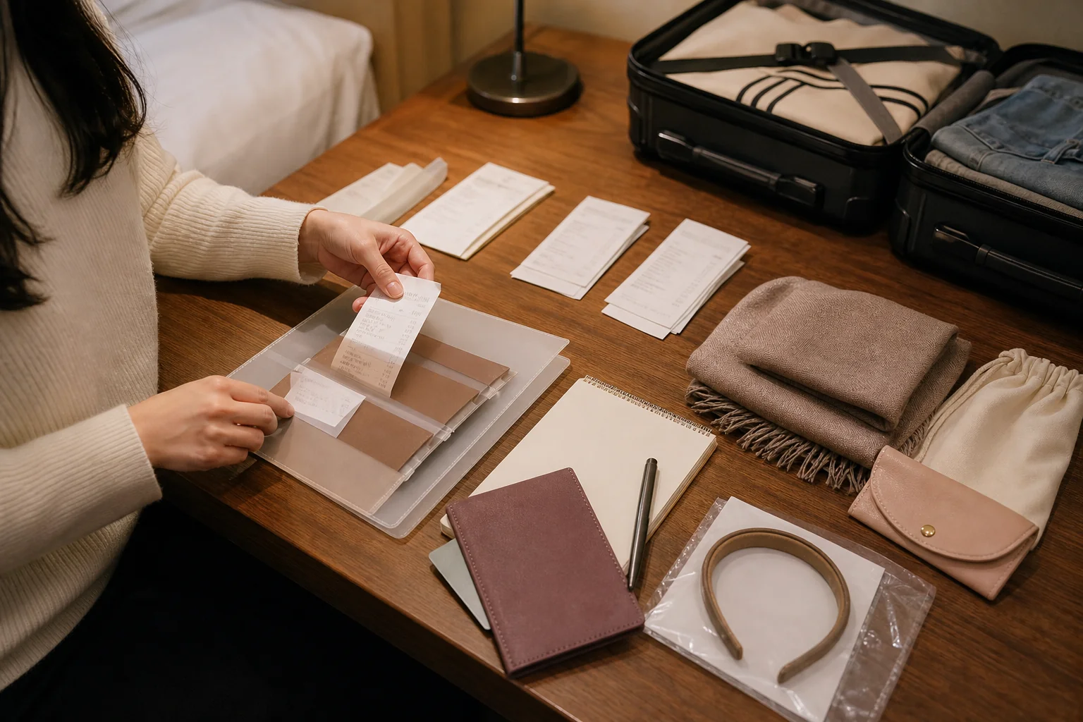 Traveler sorting tax-refund receipts beside unopened purchases and a packed suitcase