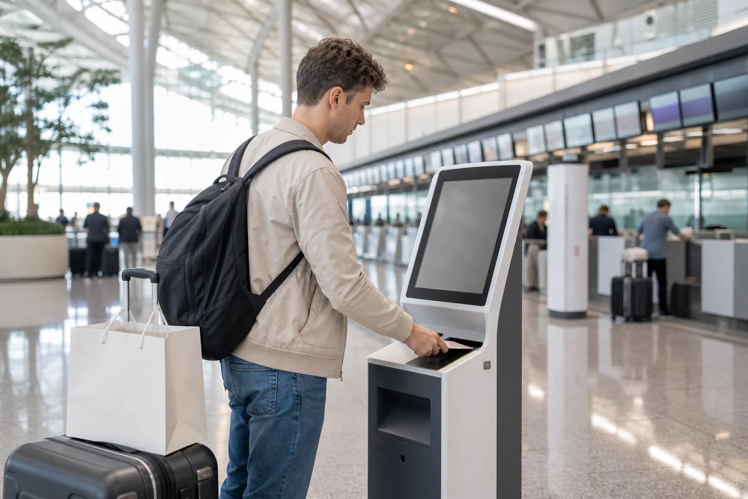 Traveler using a tax-refund kiosk with luggage at a modern Korean airport