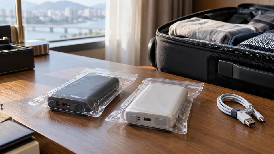 Two portable batteries individually packed beside a cabin bag.