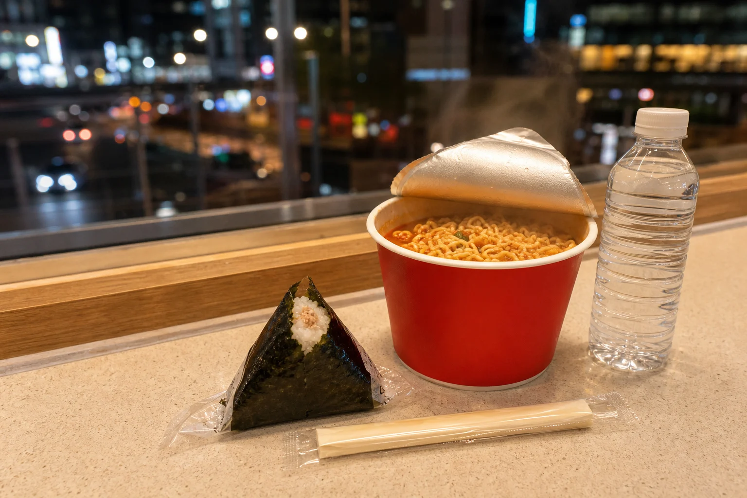 Cup ramen and samgak gimbap at a Korean convenience store window counter