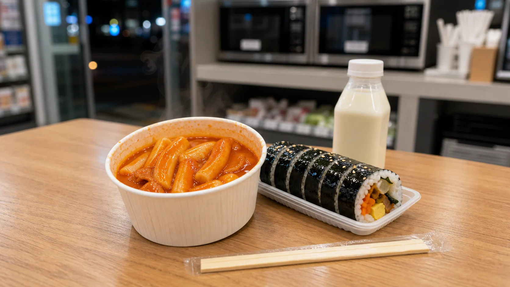Tteokbokki cup with kimbap and milk drink at a Korean convenience store table