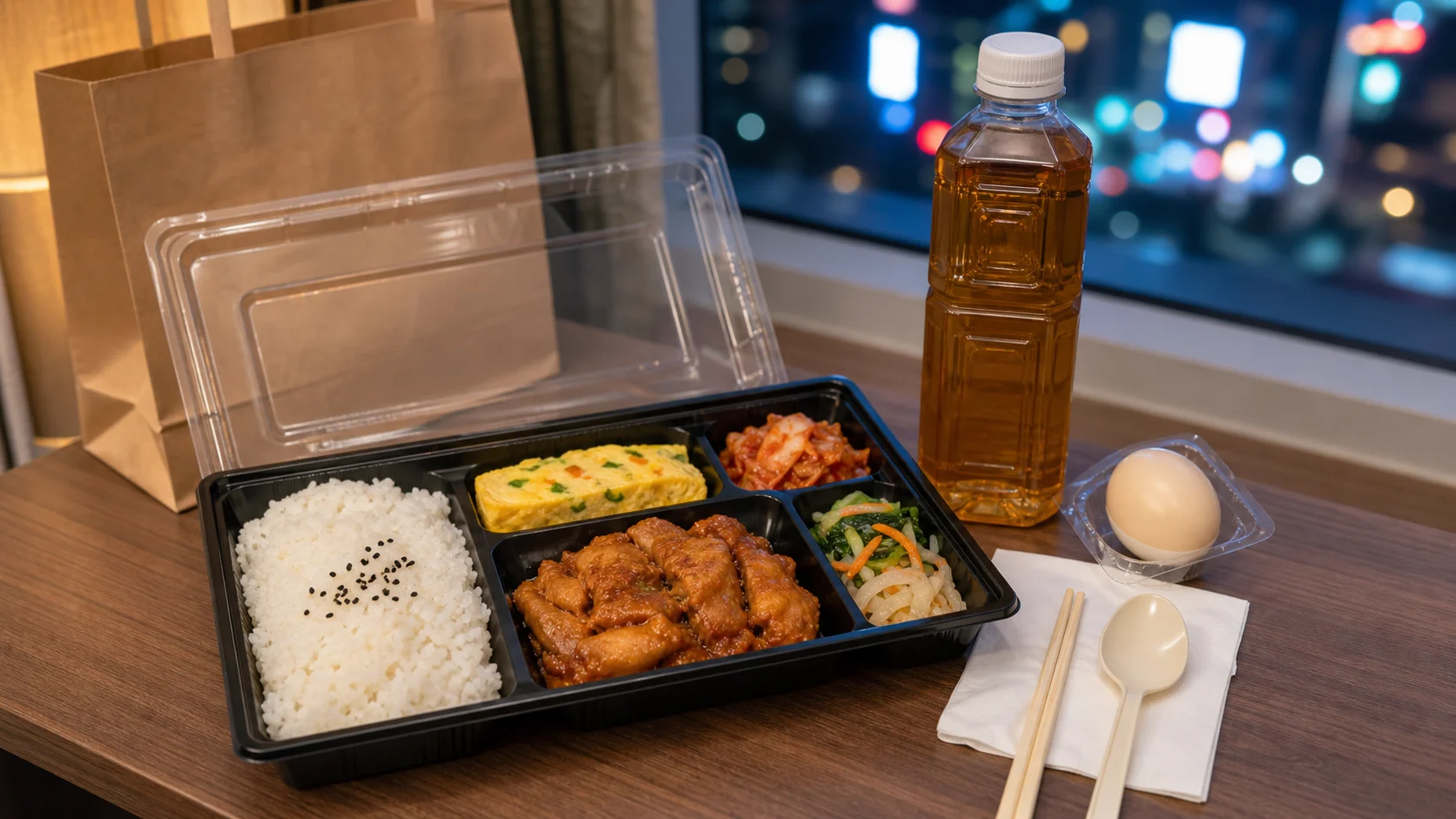 Korean convenience store dosirak lunchbox with tea, boiled egg, spoon, and chopsticks