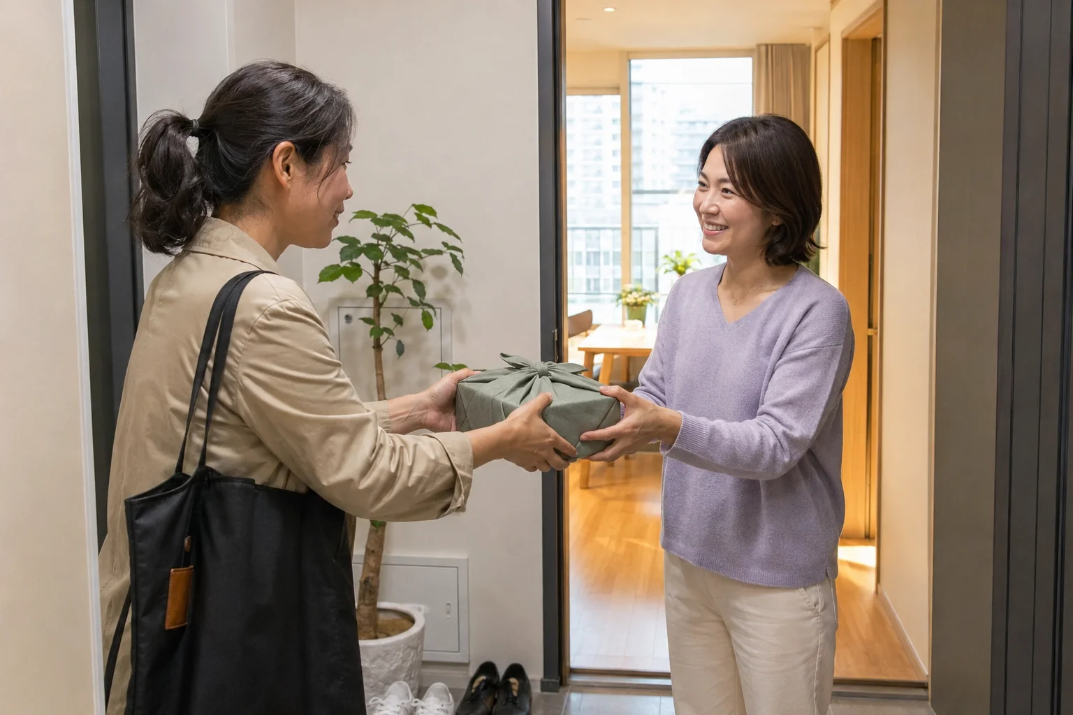 A visitor offering a cloth-wrapped gift with both hands to a host at a Korean apartment entrance