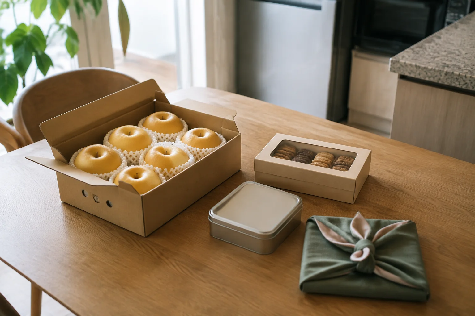Pears, a biscuit box, a plain tin, and a reusable wrapping cloth arranged on a Korean dining table