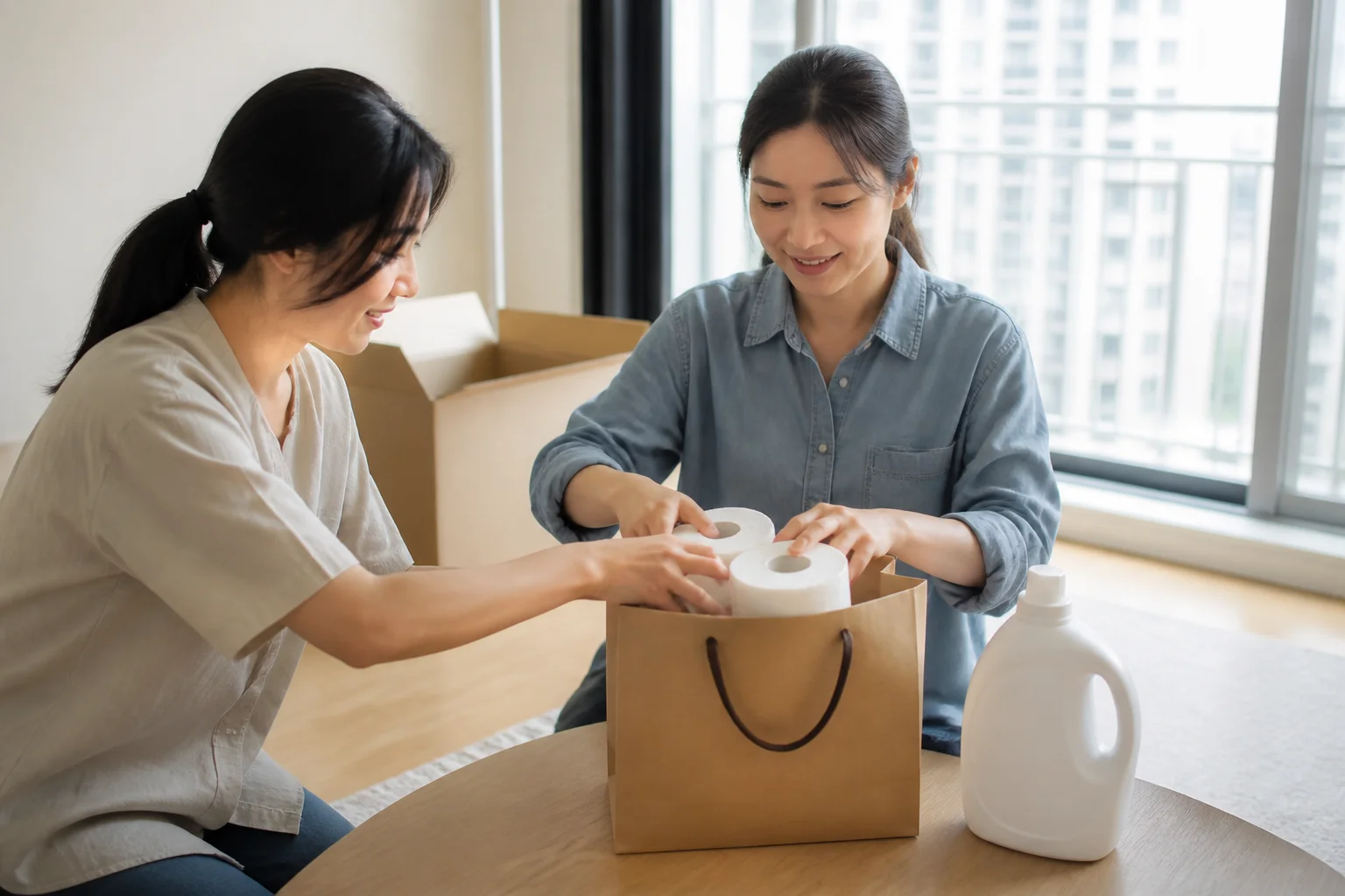 Friends preparing toilet paper and a plain detergent bottle as a practical Korean housewarming gift