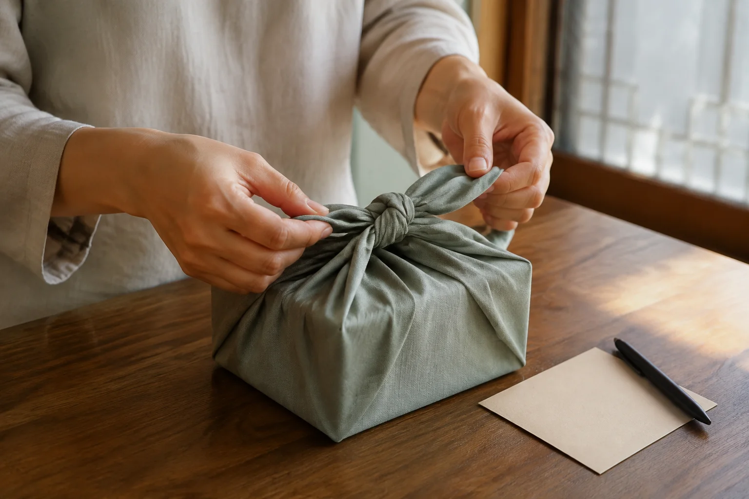Hands tying a sage wrapping cloth around a gift box beside a blank card and dark pen