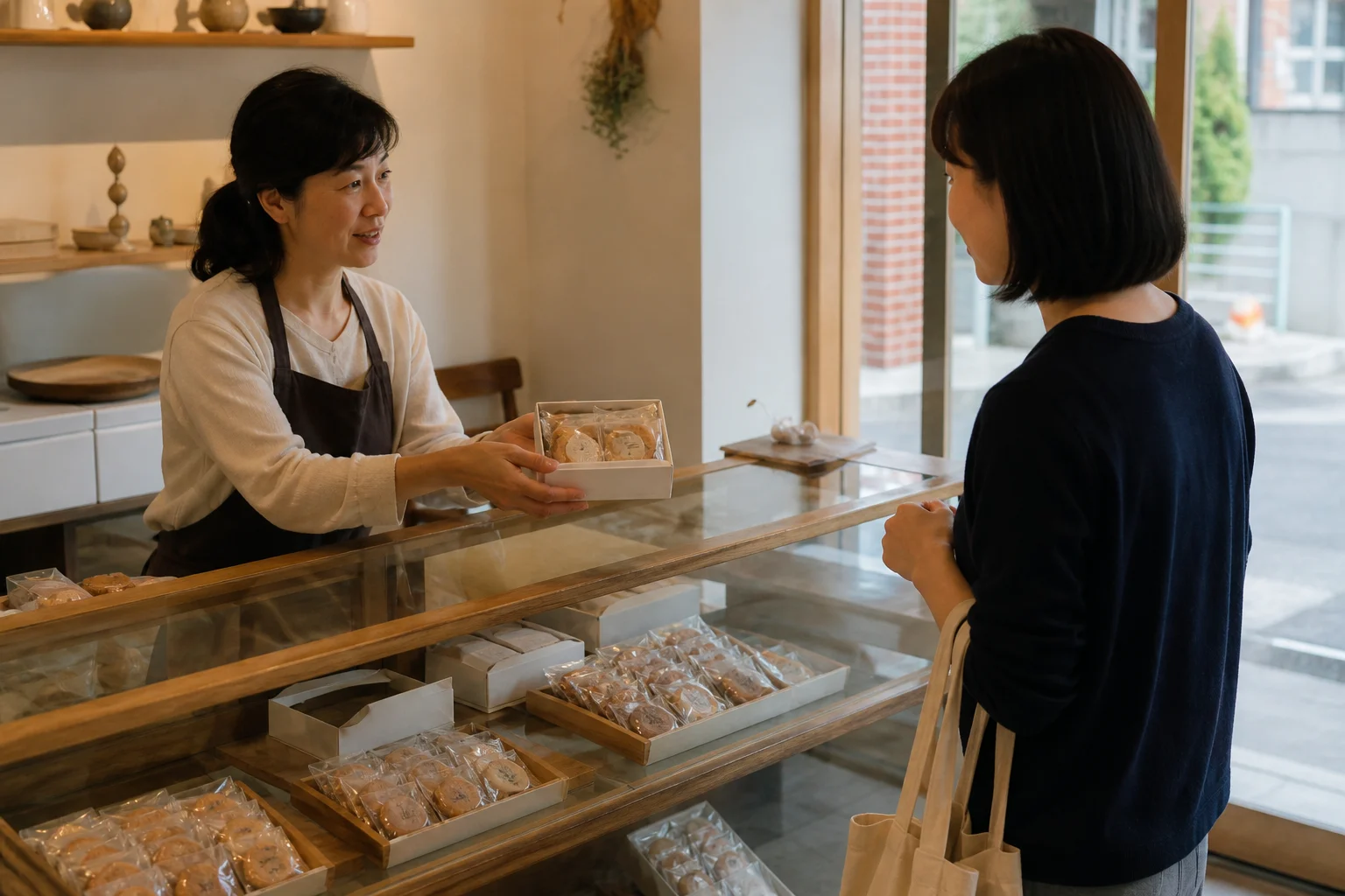 A shopper choosing a modest box of individually wrapped cookies at a Korean neighborhood bakery
