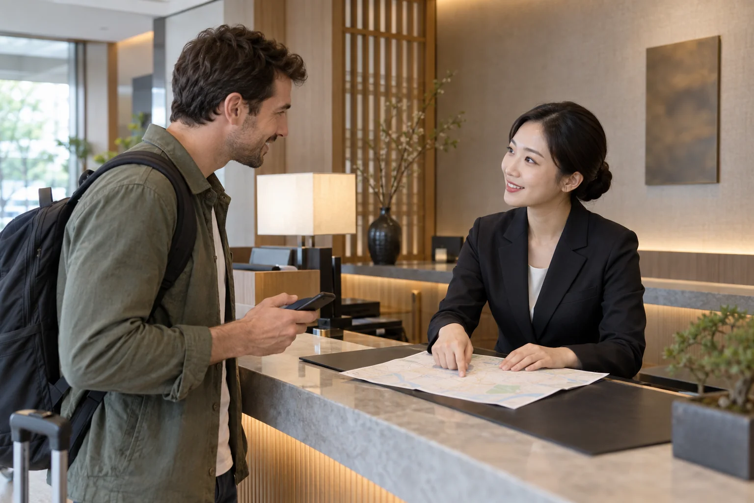 Traveler asking a Korean hotel employee for help at the front desk