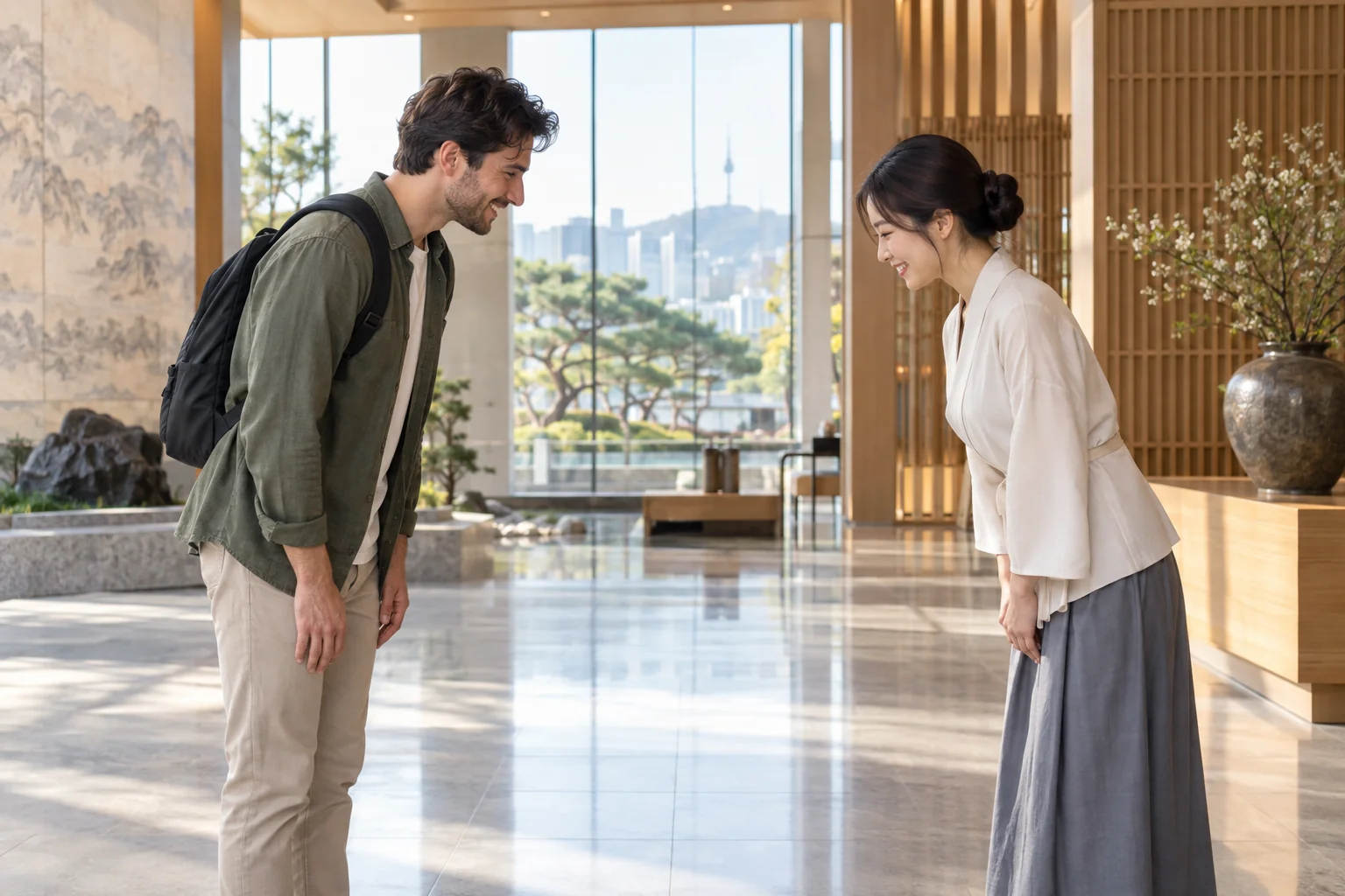 Traveler and Korean host exchanging a polite greeting in Seoul