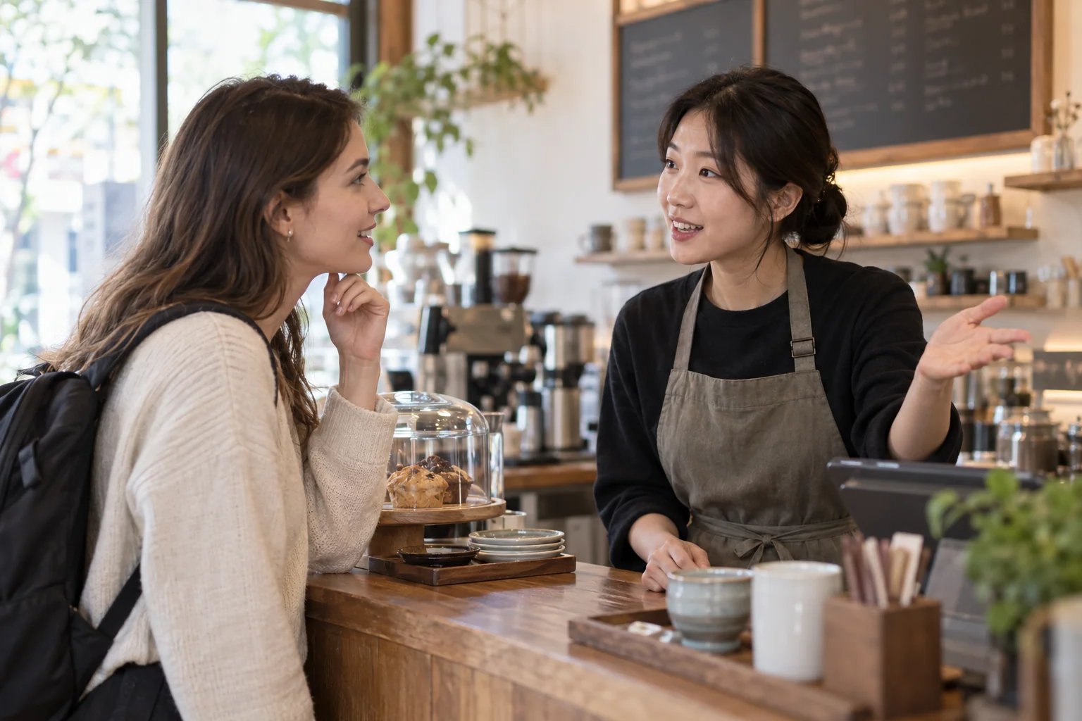 Traveler speaking politely with a Korean cafe worker
