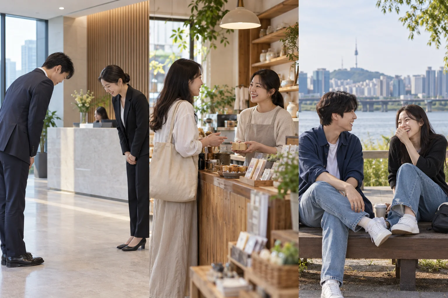 Formal, polite everyday, and casual Korean conversations in different settings