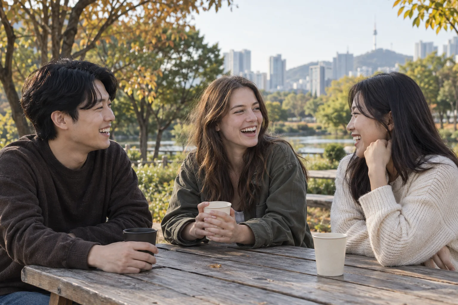Three adult friends enjoying a relaxed conversation in a Seoul park