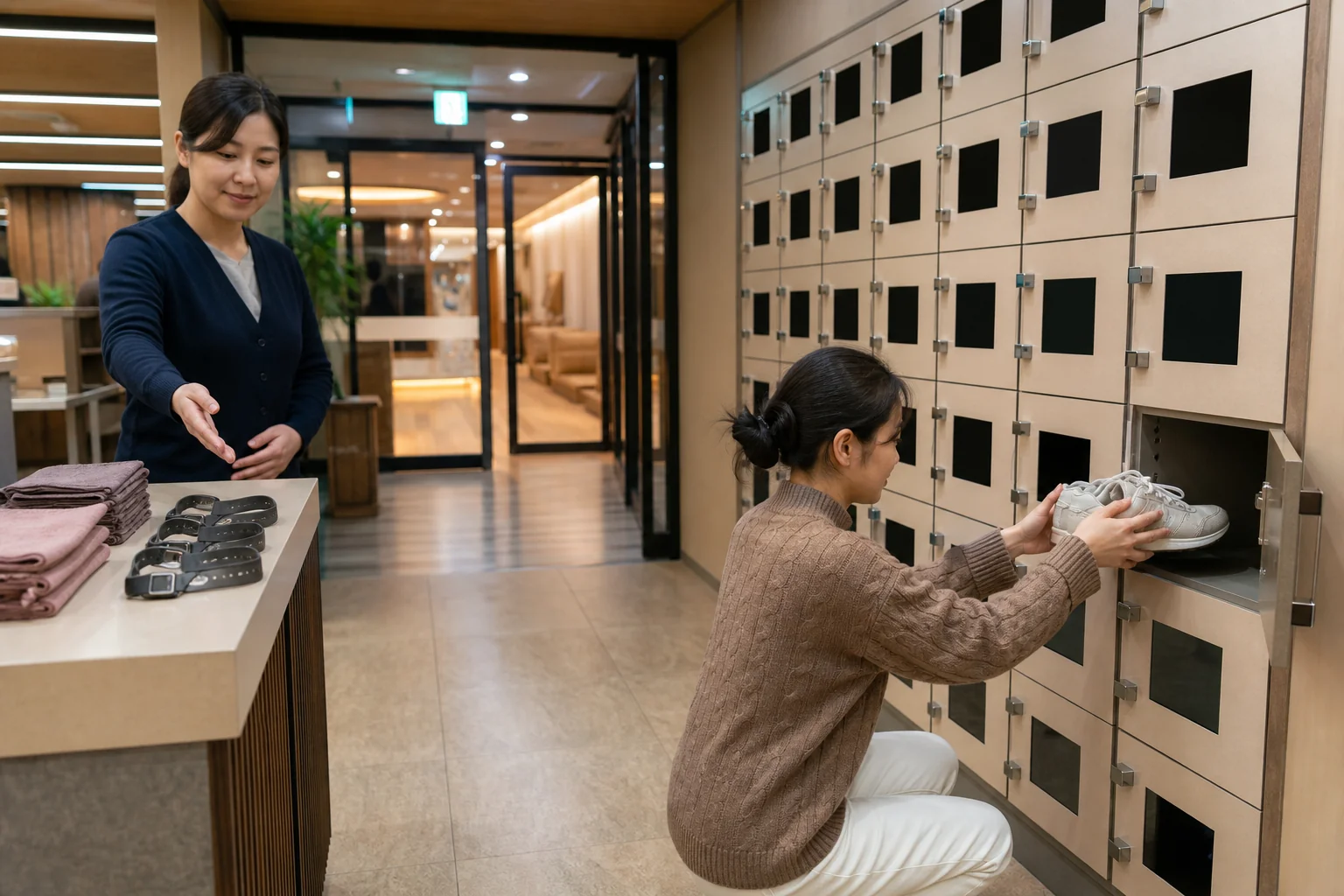 A first-time visitor placing shoes in a jjimjilbang locker beside a reception counter