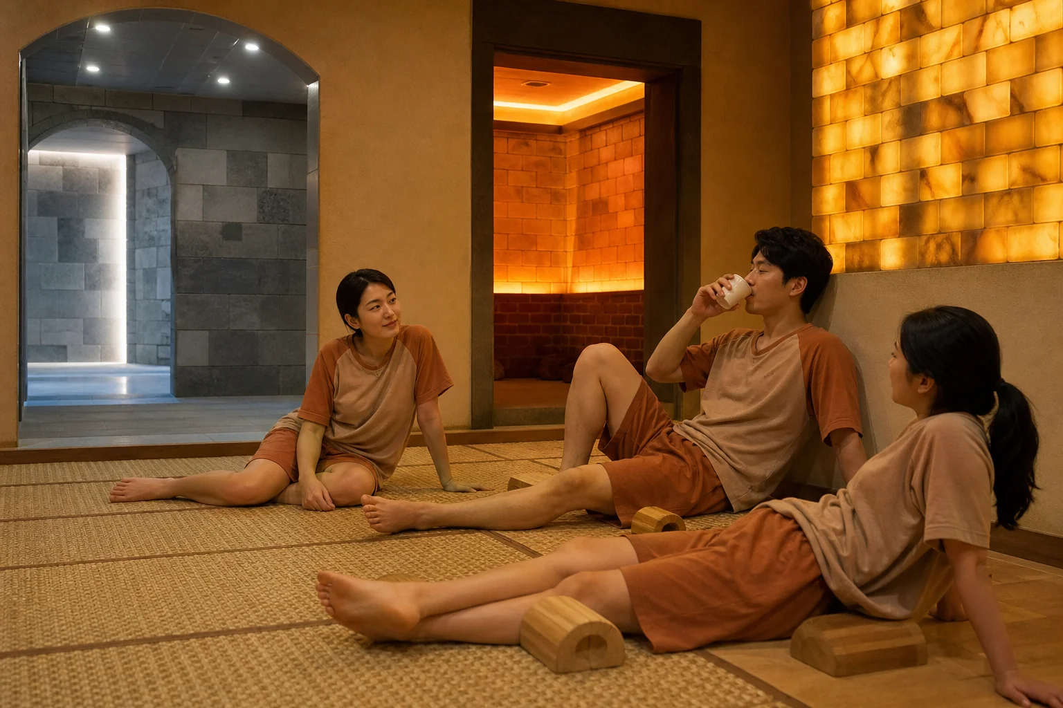 Three adults resting between heated-room sessions in a clothed communal jjimjilbang area