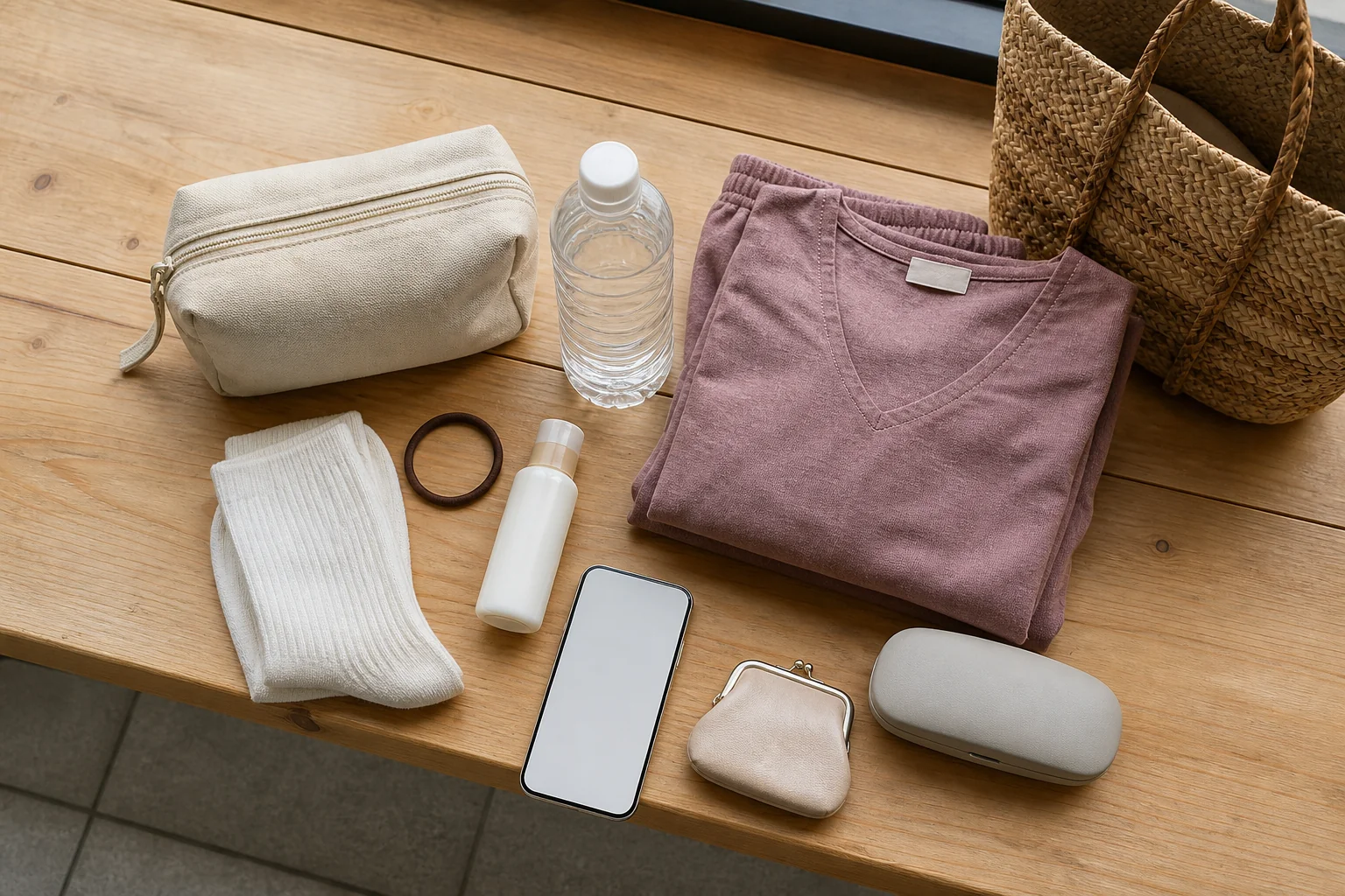 A practical jjimjilbang packing flat lay with toiletries, water, socks, phone, and a plain spa uniform