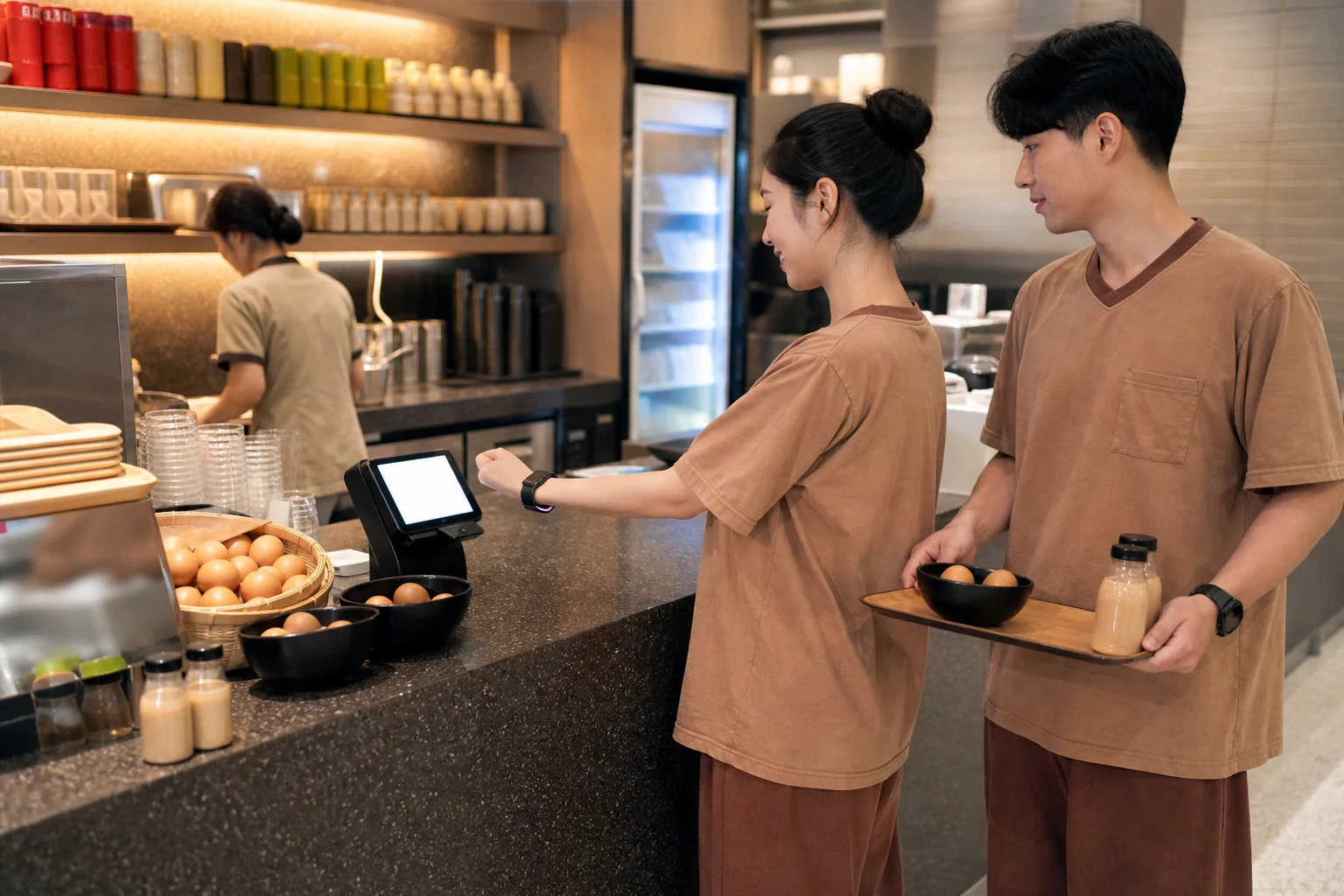 A jjimjilbang guest tapping a wristband at a snack counter while a companion carries eggs and drinks