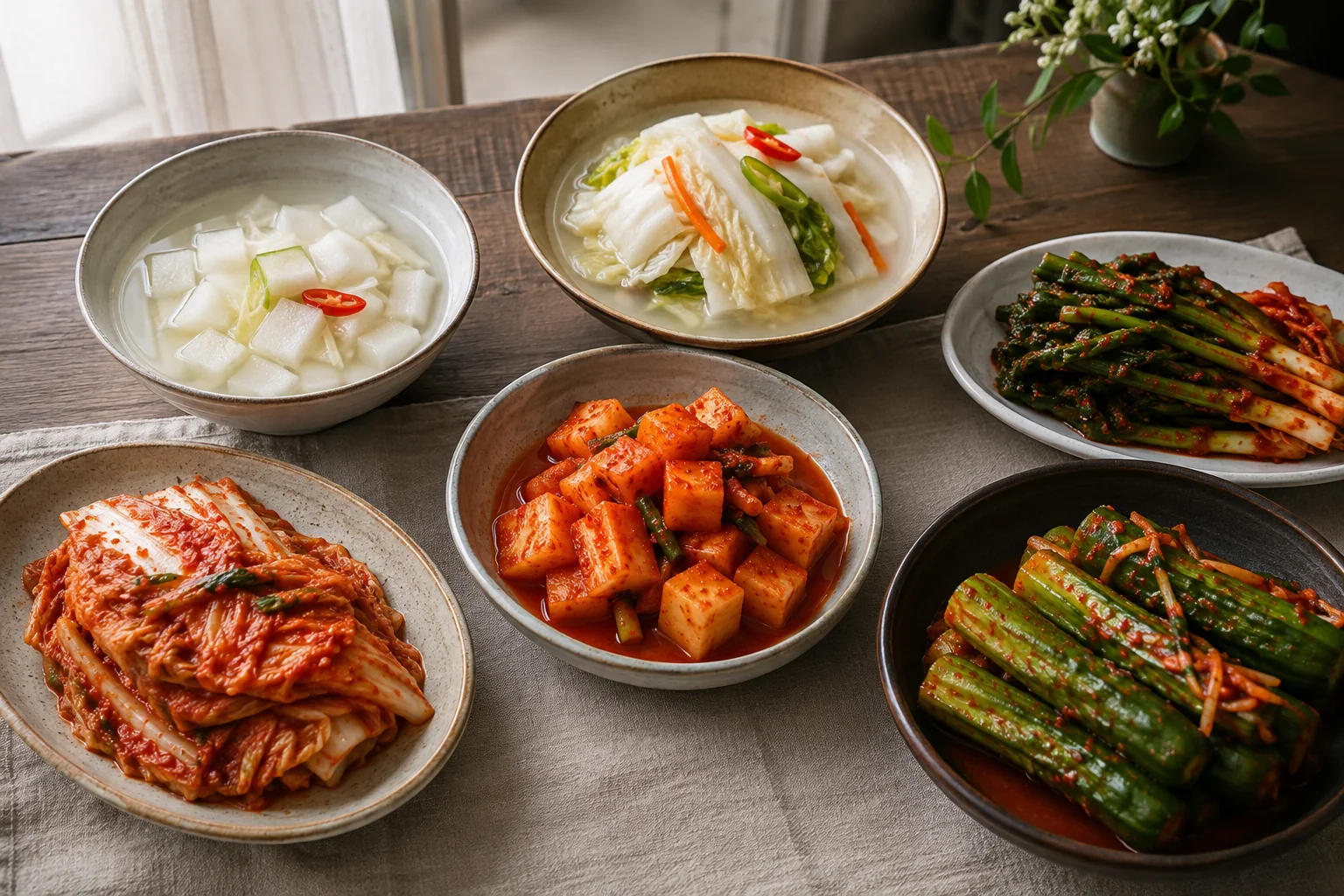 Several Korean kimchi varieties served in ceramic bowls on a dining table