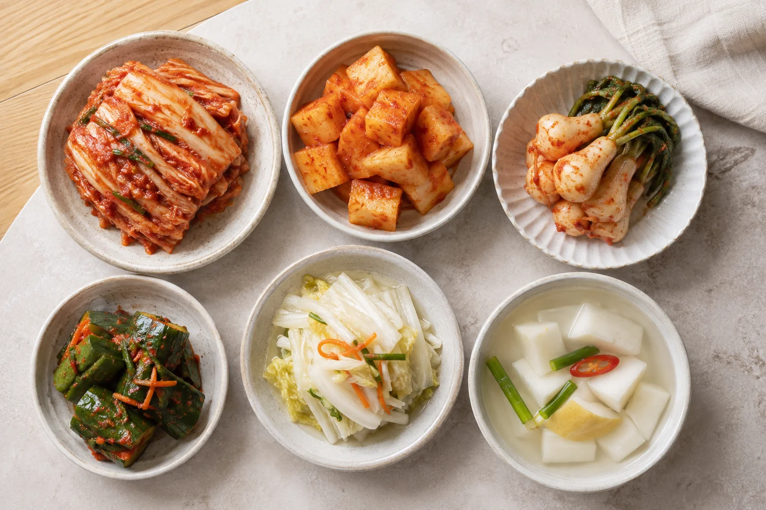 Six common Korean kimchi types arranged in separate ceramic dishes