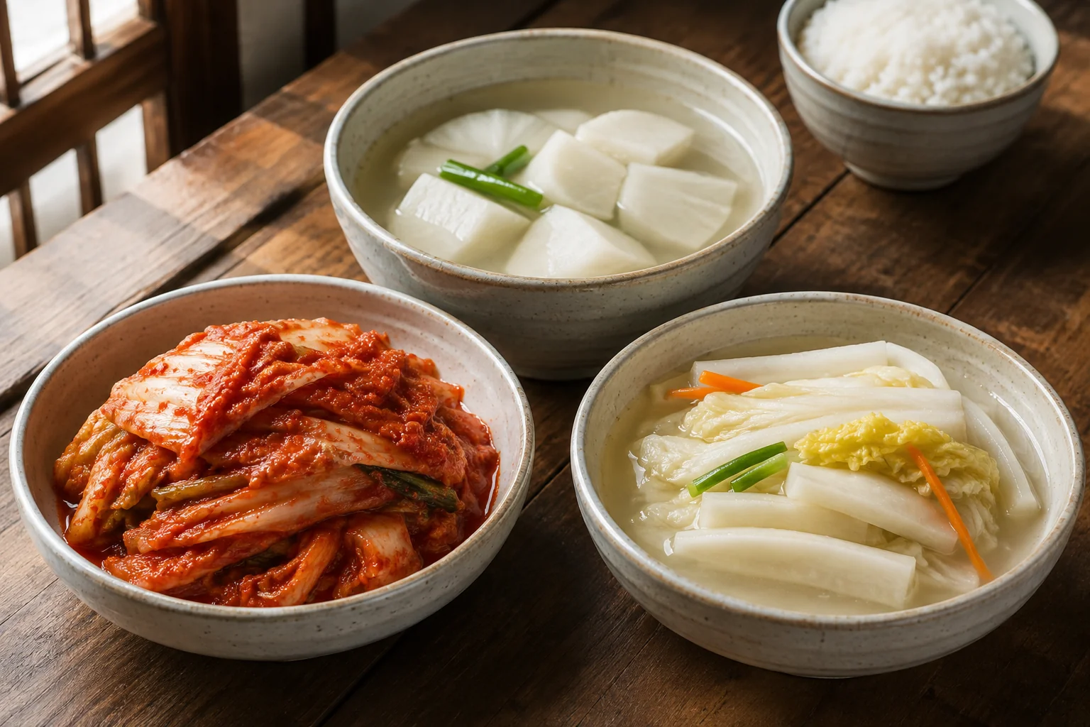 Red napa cabbage kimchi beside pale white kimchi and clear radish water kimchi