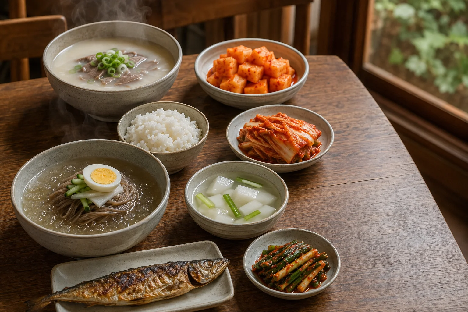 Korean soup, rice, cold noodles, and grilled fish paired with different kimchi styles
