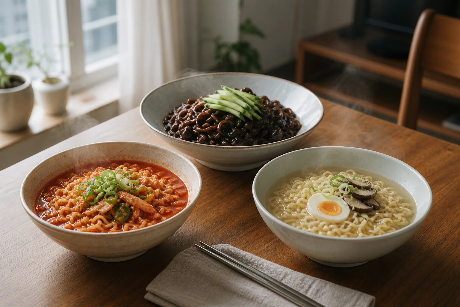 Three unbranded bowls showing spicy soup, black bean dry noodles, and mild broth ramyeon