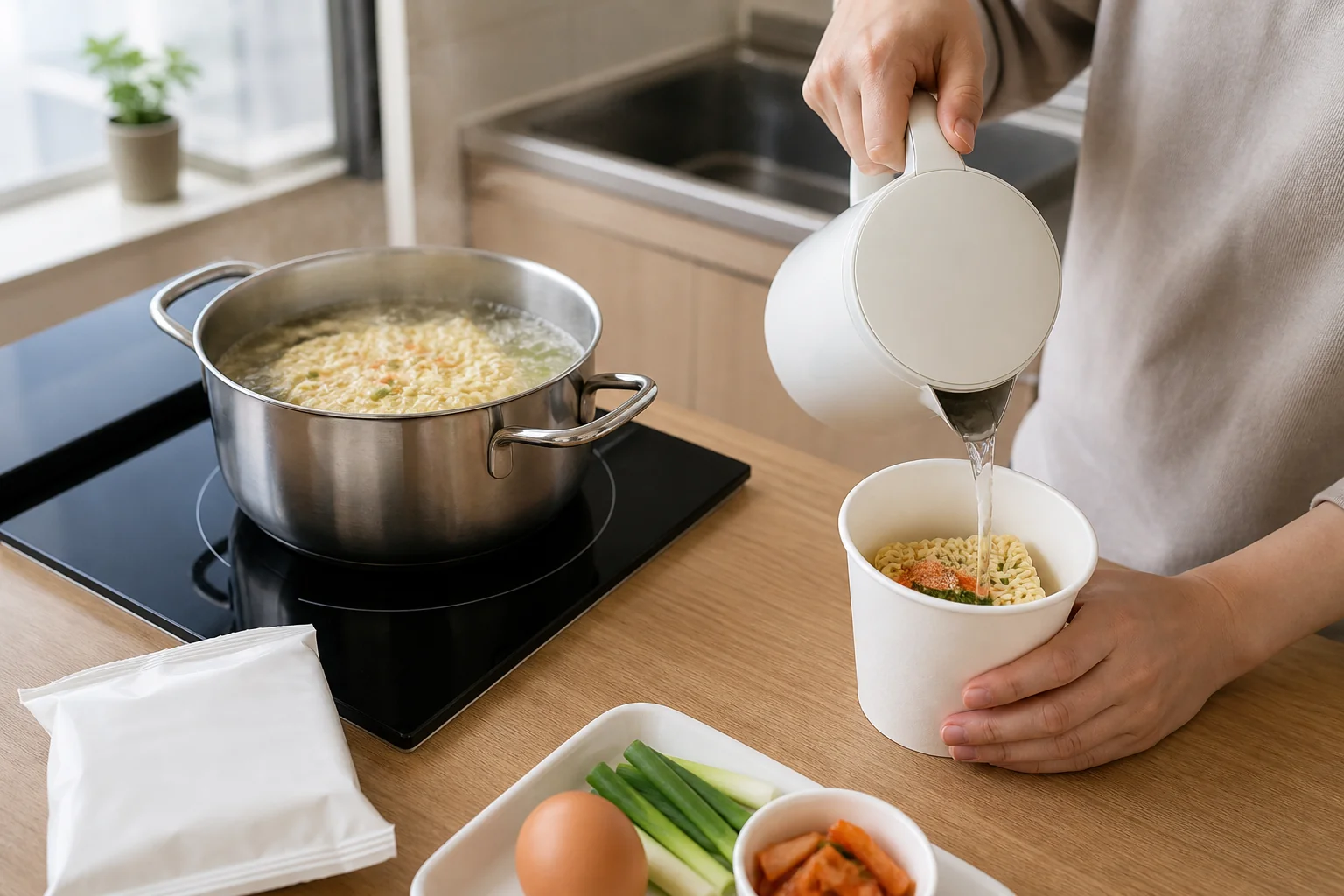 Cook preparing stovetop bag ramyeon and a plain cup noodle side by side