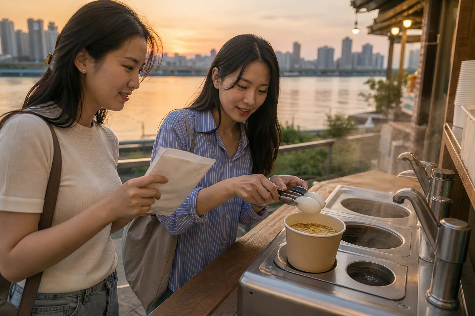 Two friends preparing ramyeon with a self-service cooker beside the Hangang river