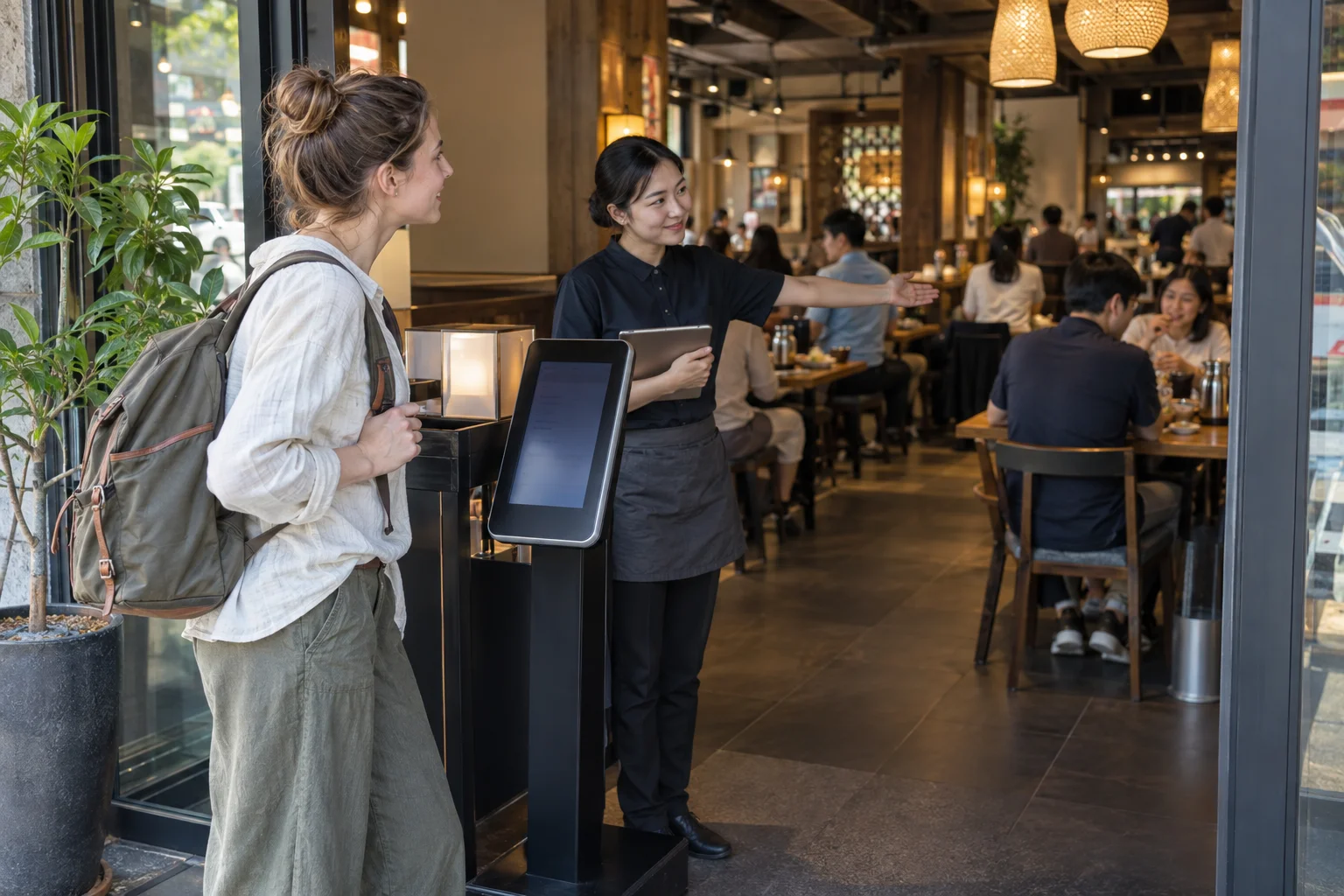 Traveler waiting while a restaurant host indicates the seating area